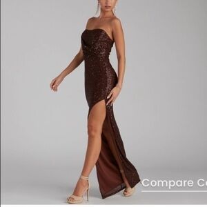 Scala Silk Sequined Gown Brown Satin Top Cross Cross Back High Slit Medium